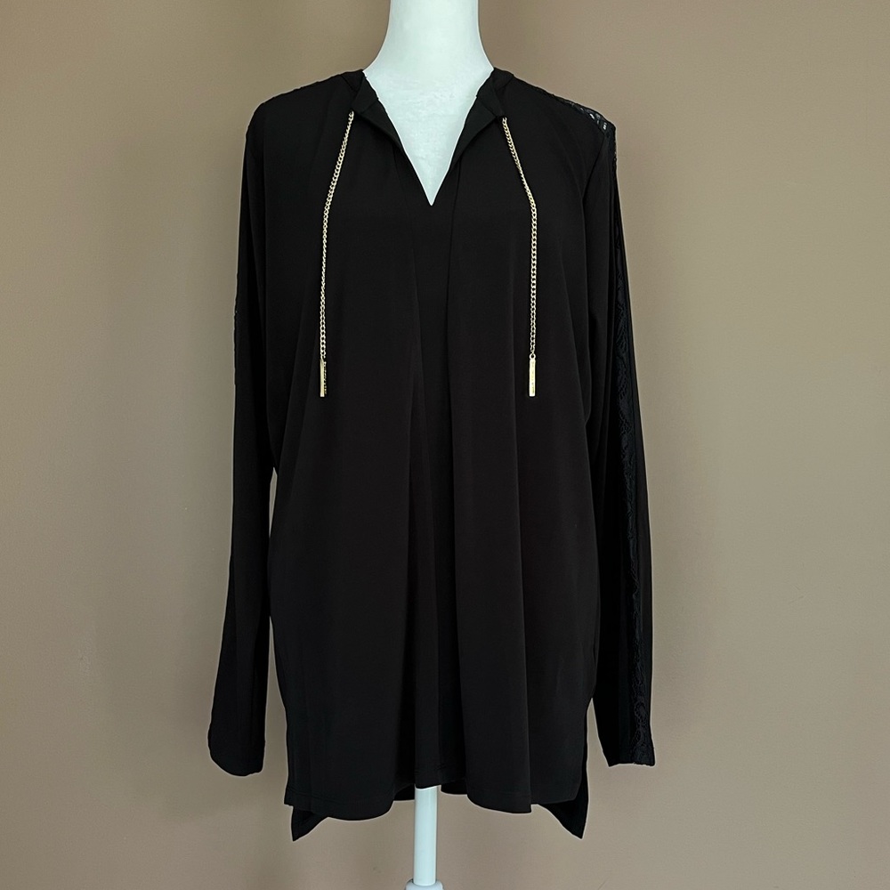 {MICHAEL Michael Kors} Black Tunic Top with Lace & Gold Tassels - Womens Large